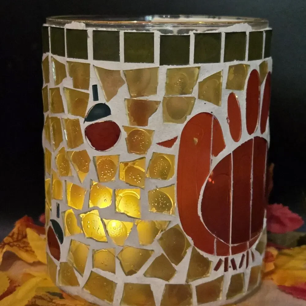 Mosaic Glass Turkey Tealight Candle Holder Orange Red Thanksgiving Centerpiece